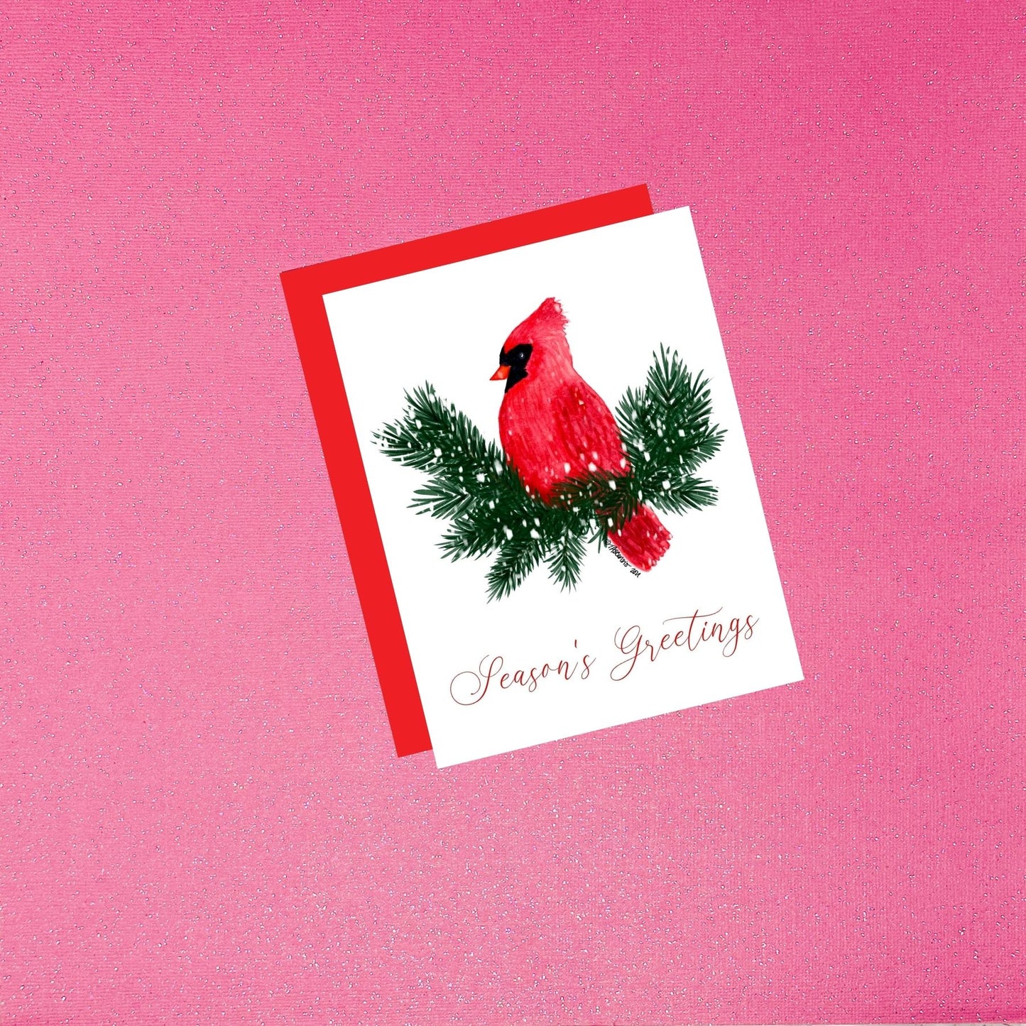 Season’s Greetings Cardinal Holiday Card | Hand-Painted Watercolor Christmas Card with Red Envelope