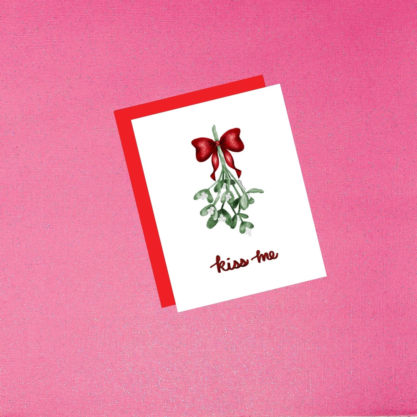 Kiss Me Mistletoe Christmas Card | Hand-Painted Watercolor Holiday Card with Red Bow | Blank Inside