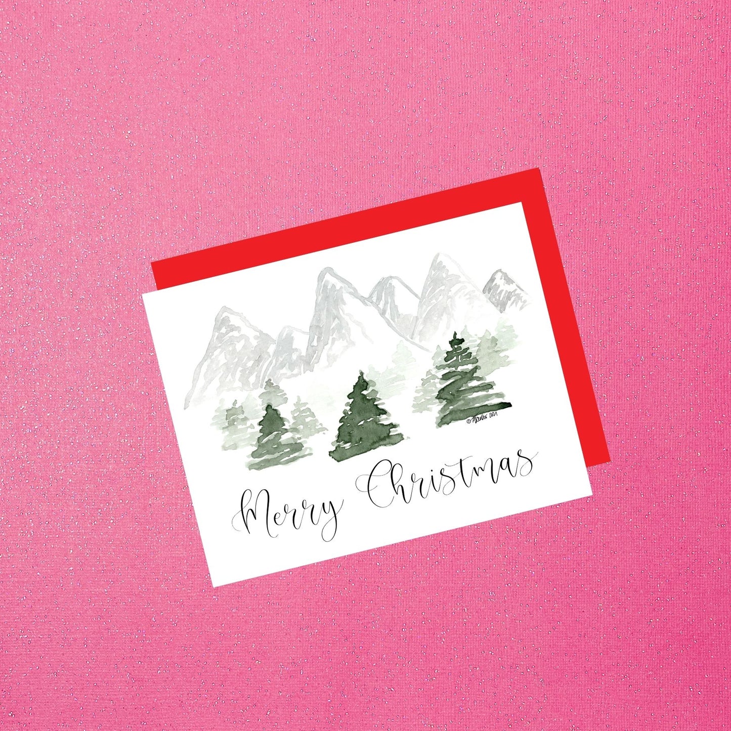 Merry Christmas Mountain Landscape Card | Hand-Painted Watercolor Christmas Card with Red Envelope | Blank Inside