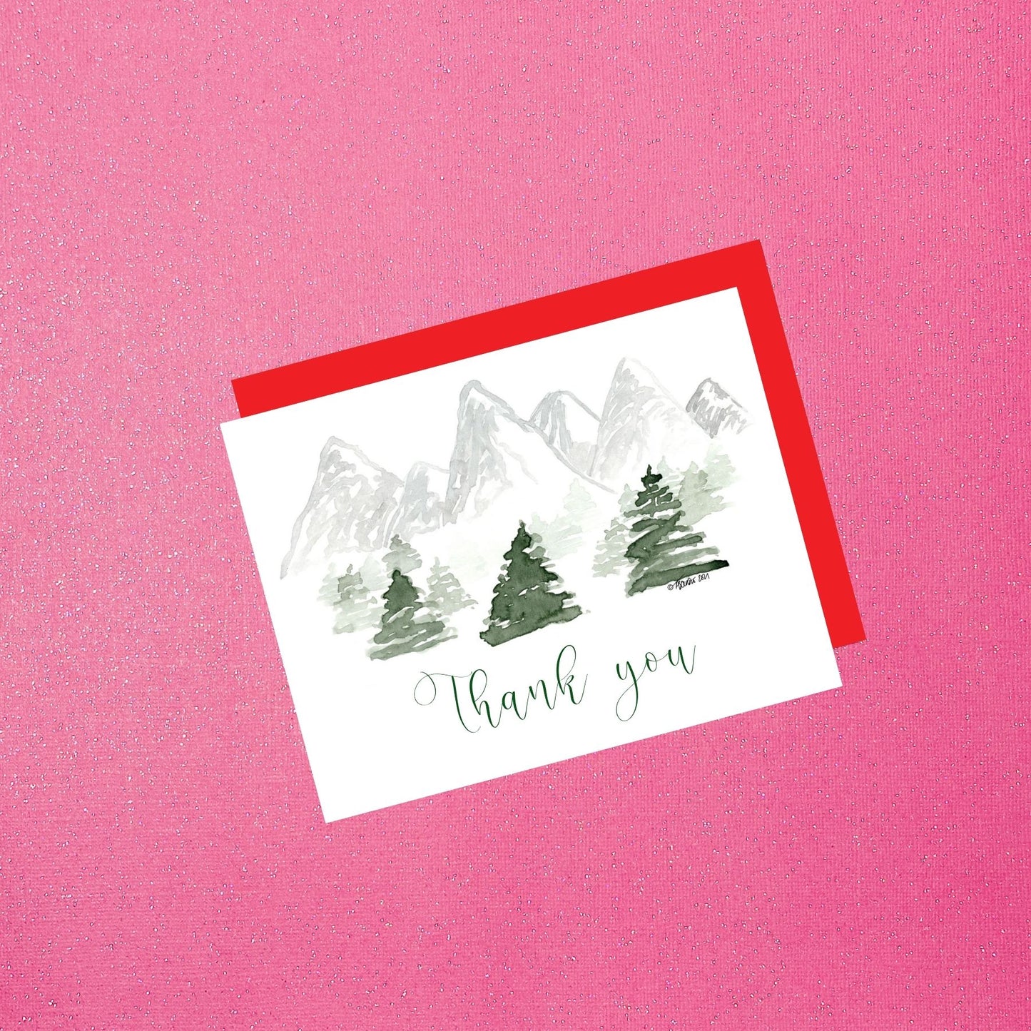 Thank You Mountain Landscape Card | Hand-Painted Watercolor Thank You Card with Red Envelope