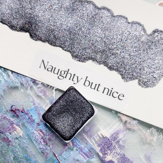 Naughty But Nice Watercolor | Silver-Black Shimmer Paint | Handmade Half Pan Quarter Pan | Artisanal Watercolor Pigment Paint
