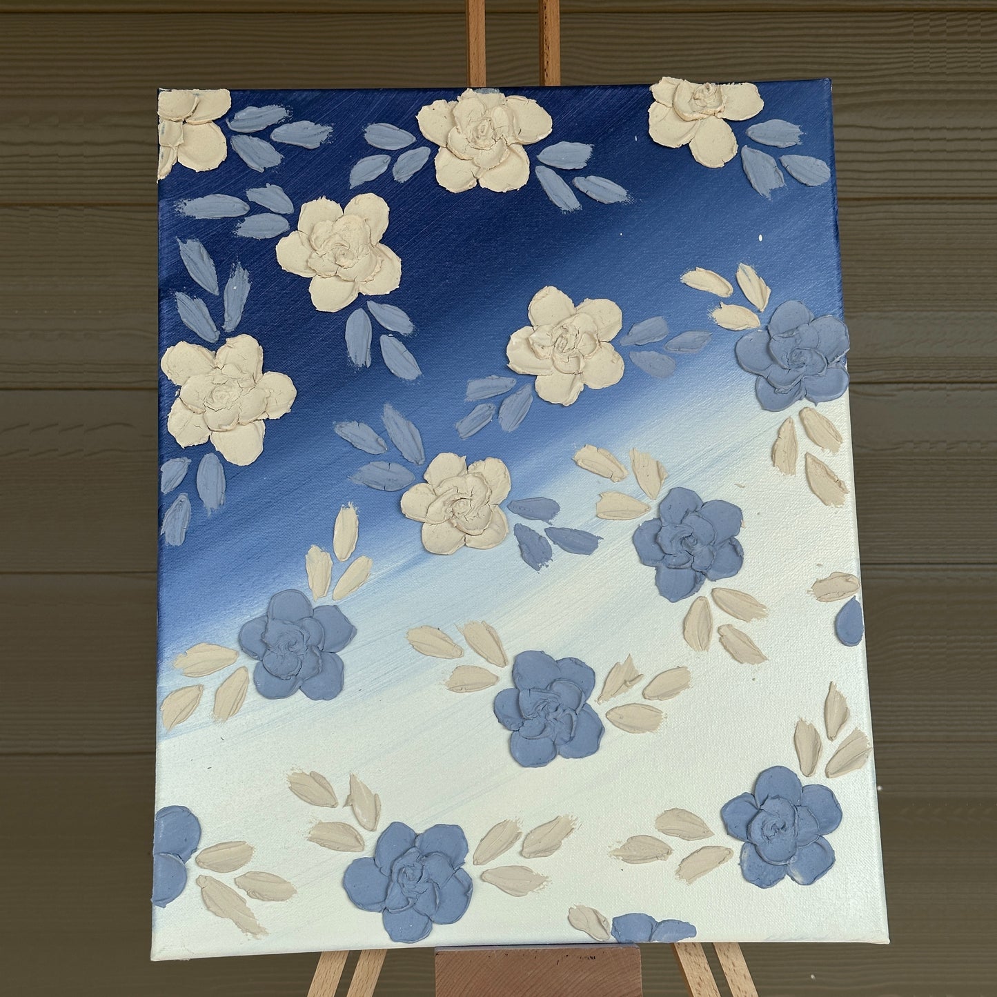 3D Texture Light Blue and Cream Roses on Blue Ombre 16"x20"