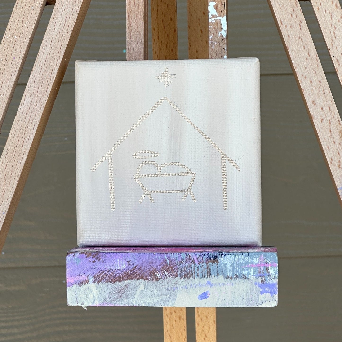 Minimalist Rose Gold Line Drawing Simple Baby Jesus Christmas Nativity Hand Painted Canvas 4"x4" Cream