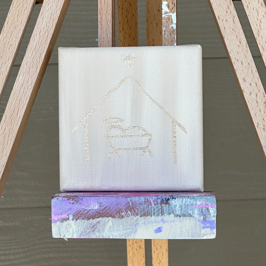 Minimalist Rose Gold Line Drawing Simple Baby Jesus Christmas Nativity Hand Painted Canvas 4"x4" Cream