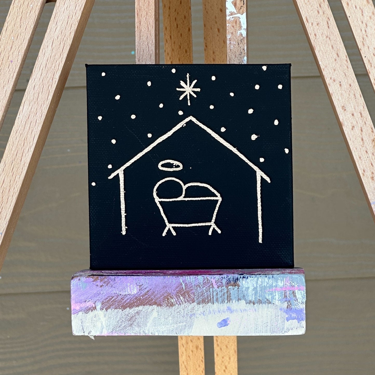 Minimalist Rose Gold Line Drawing Simple Baby Jesus Christmas Nativity Hand Painted Canvas 4"x4" Black