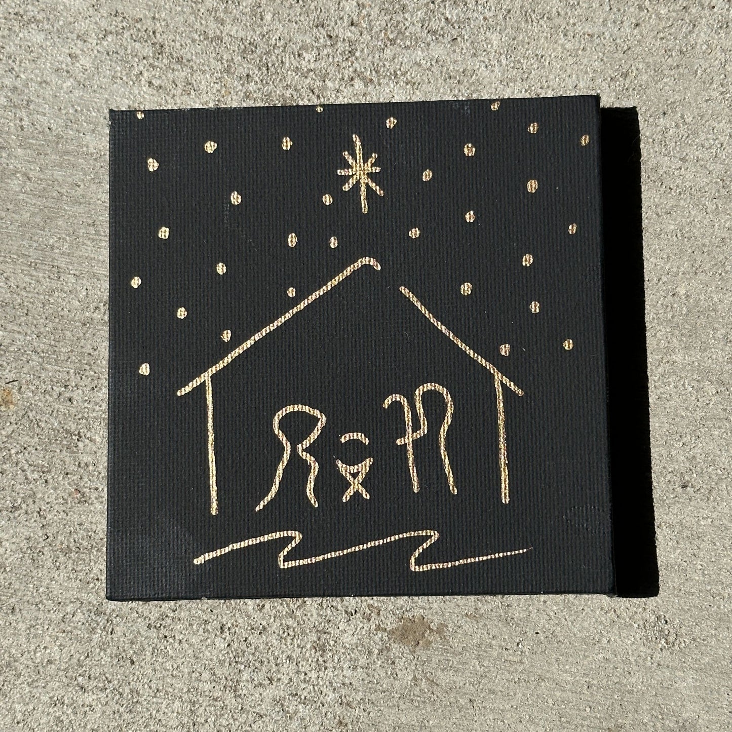 Minimalist Rose Gold Line Drawing Simple Christmas Nativity Hand Painted Canvas 4"x4" Black