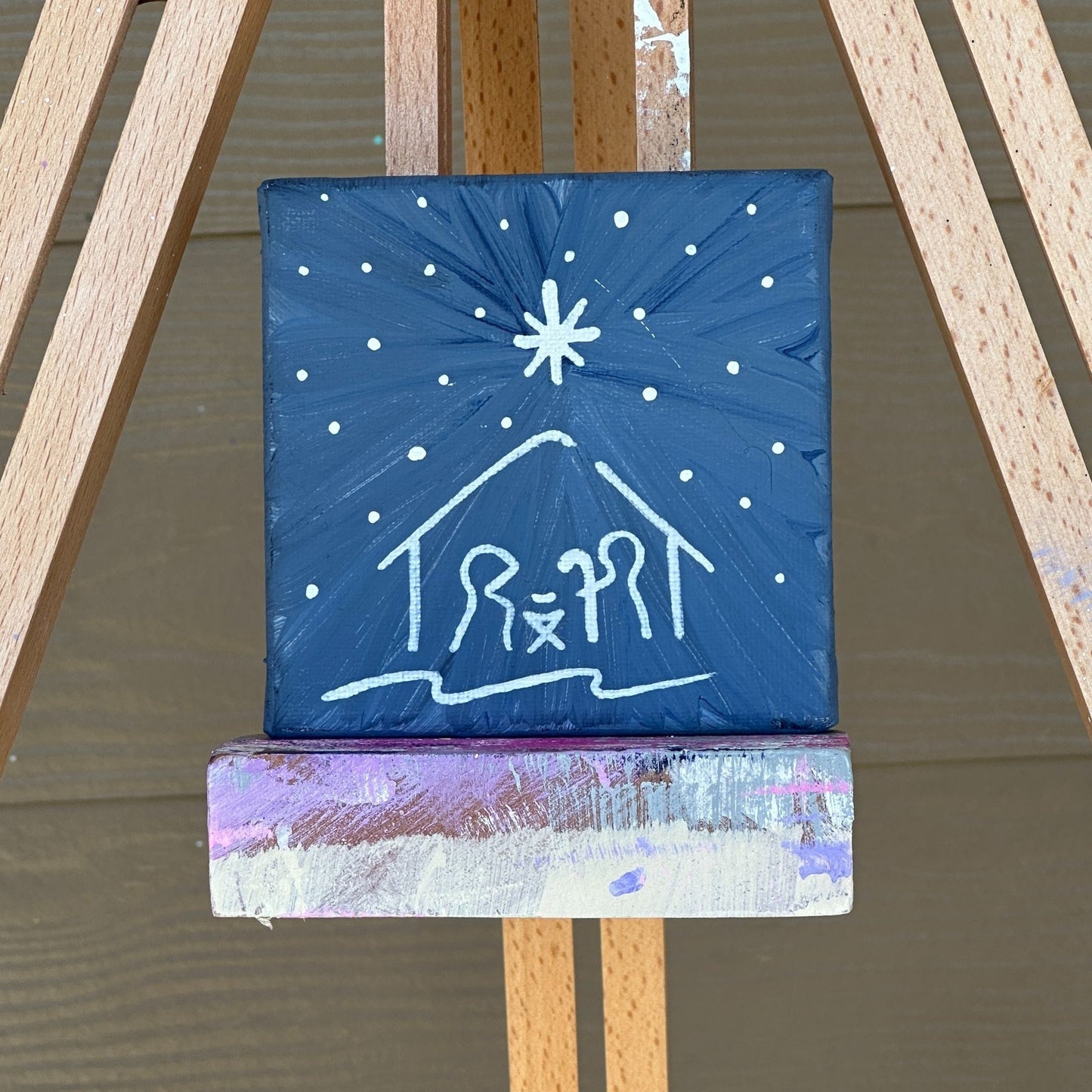 Minimalist Line Drawing Simple Christmas Nativity Hand Painted Canvas 4x4"