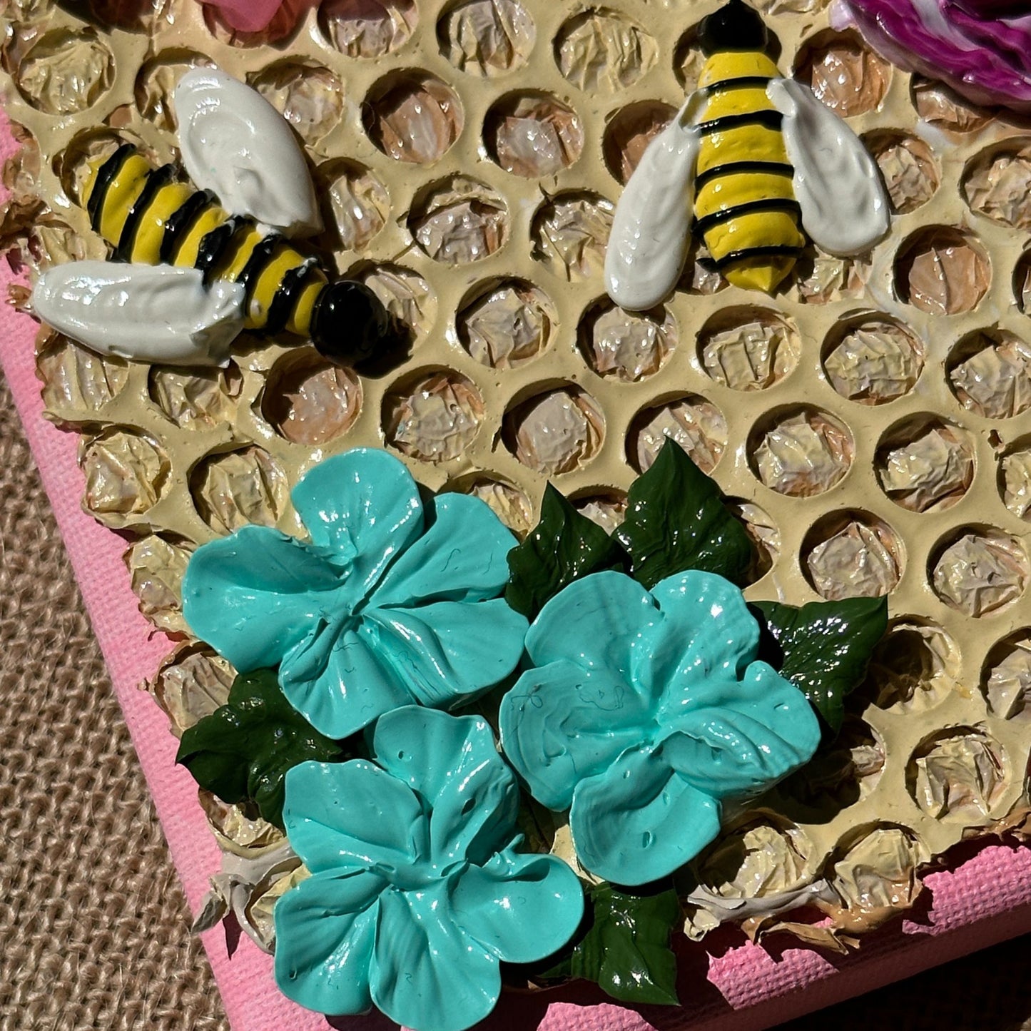3D Bees and Multicolored Flowers on Pink Canvas 8"x8"
