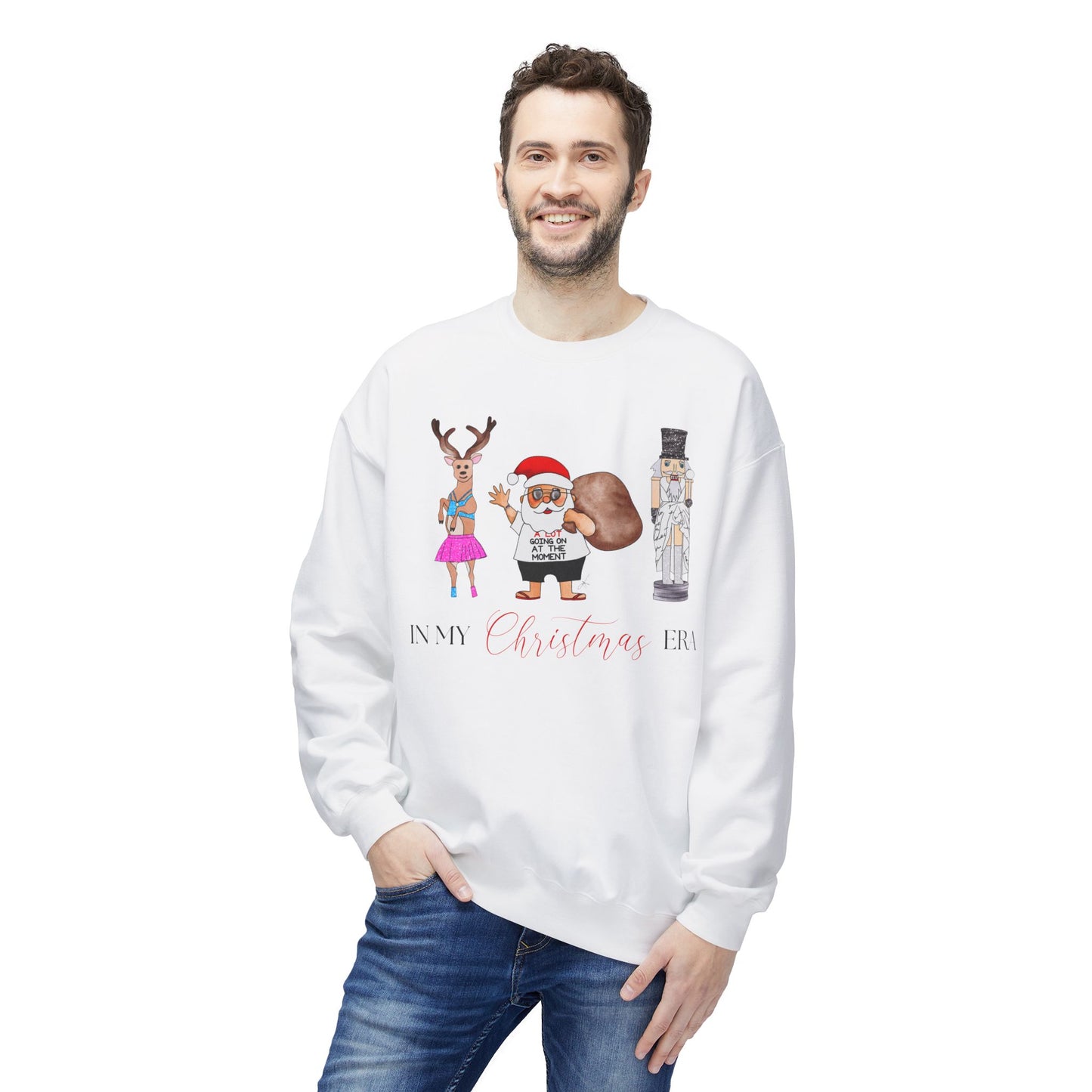 In My Christmas Era Holiday Santa Nutcracker Reindeer Illustration Unisex Midweight Softstyle Fleece Crewneck Sweatshirt