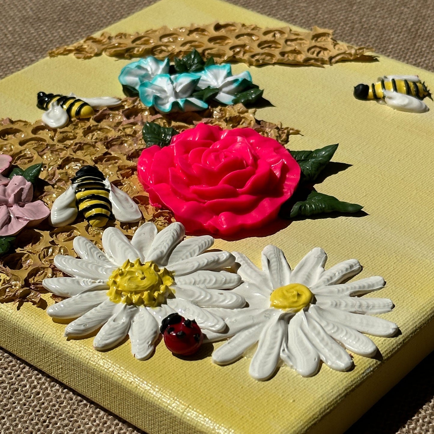 3D Bees and Multicolored Flowers on Yellow Canvas 8"x8"