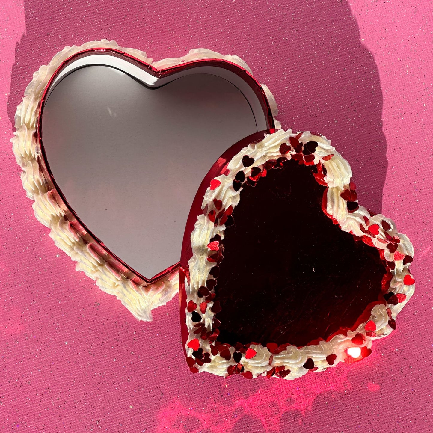 3D Painted Cake - Heart Box Red Metallic With Pearl "Frosting" and Red Heart Glitter