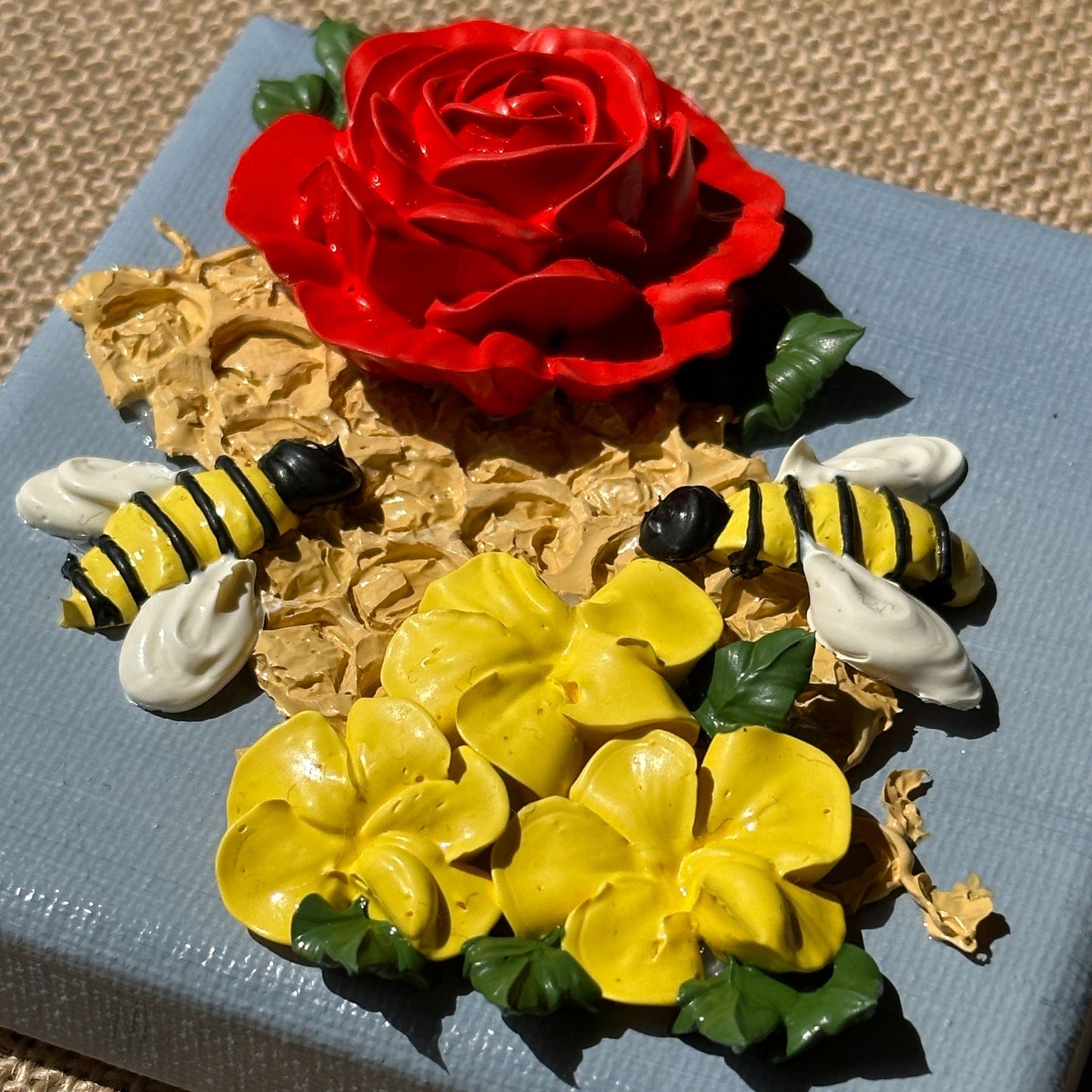 3d Bees And Flowers on Blue Canvas 4"x4"