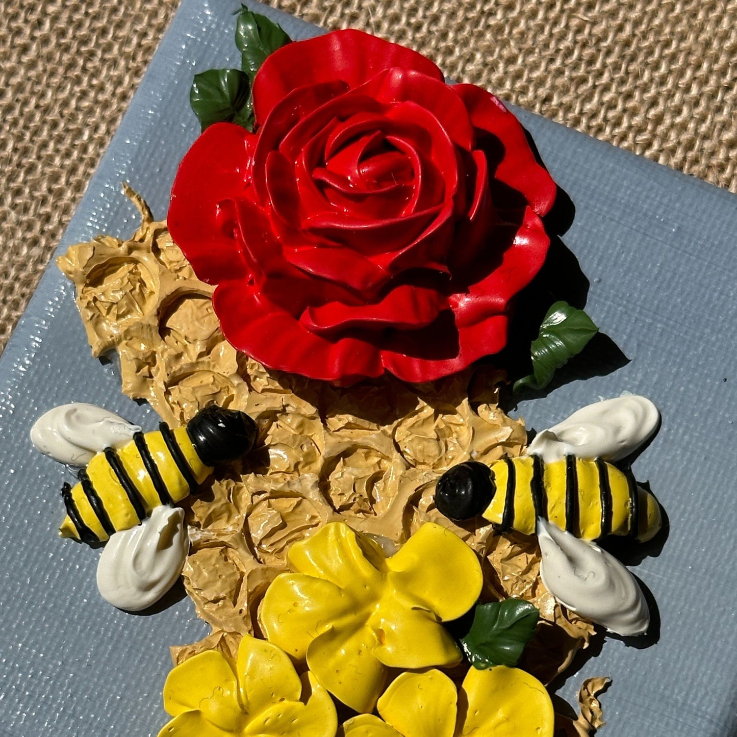 3d Bees And Flowers on Blue Canvas 4"x4"