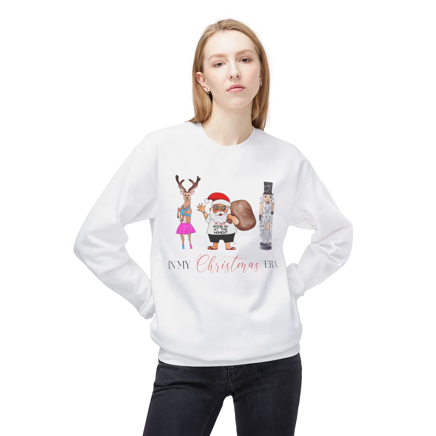 In My Christmas Era Holiday Santa Nutcracker Reindeer Illustration Unisex Midweight Softstyle Fleece Crewneck Sweatshirt