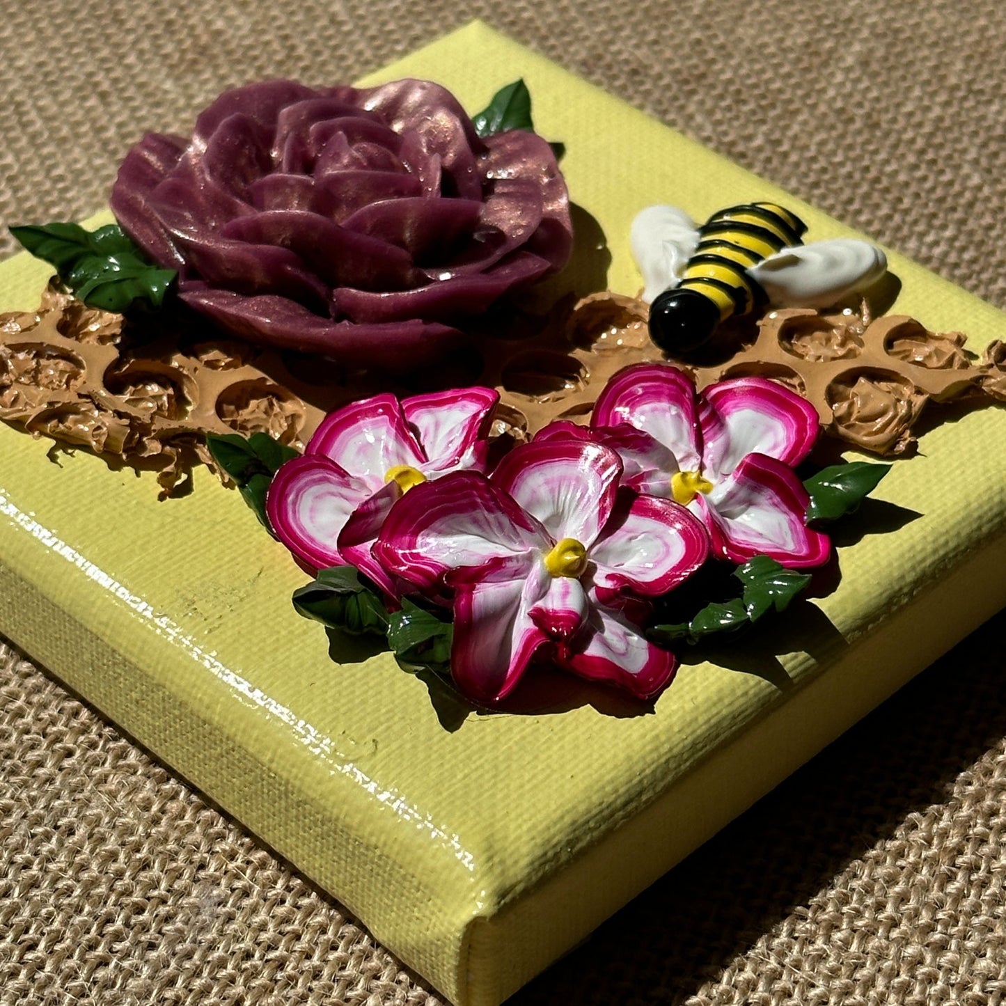 3D Bees And Flowers on Yellow Canvas 4"x4"
