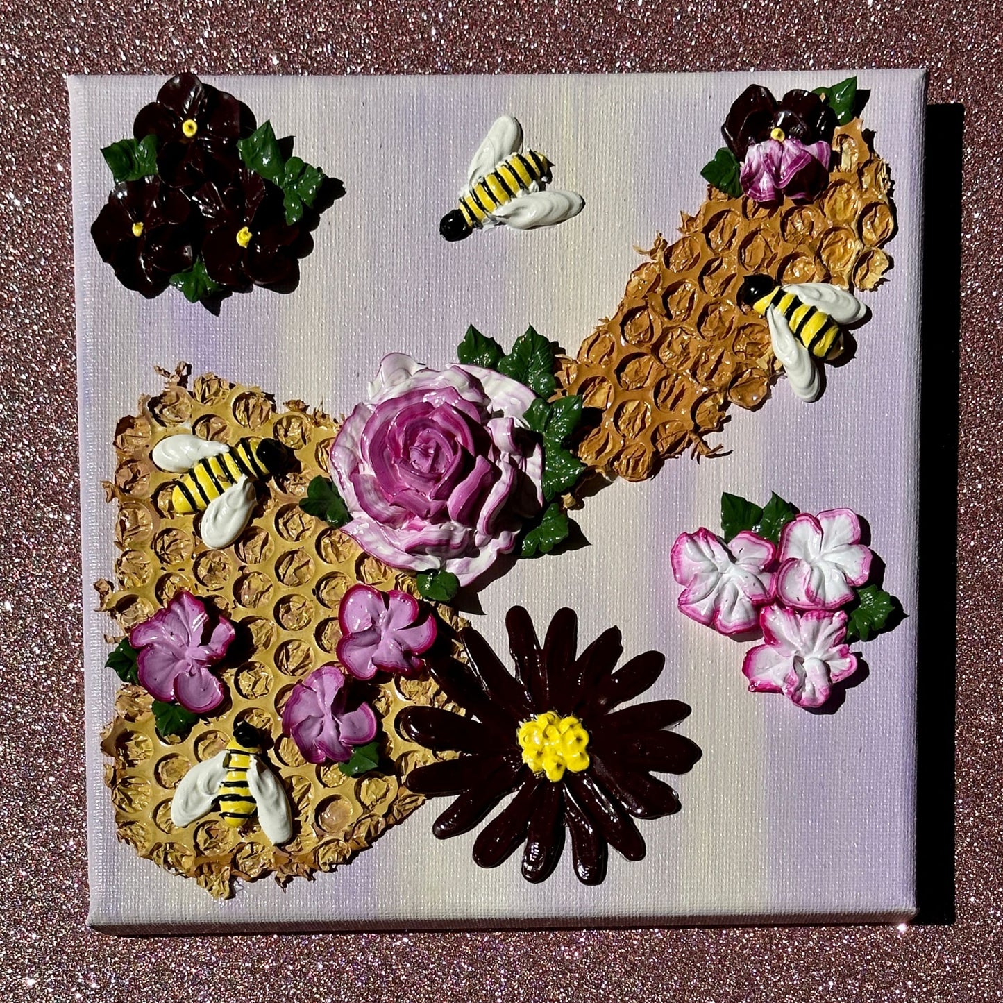 3D Bees and Purple Flowers on Purple Canvas 8"x8"