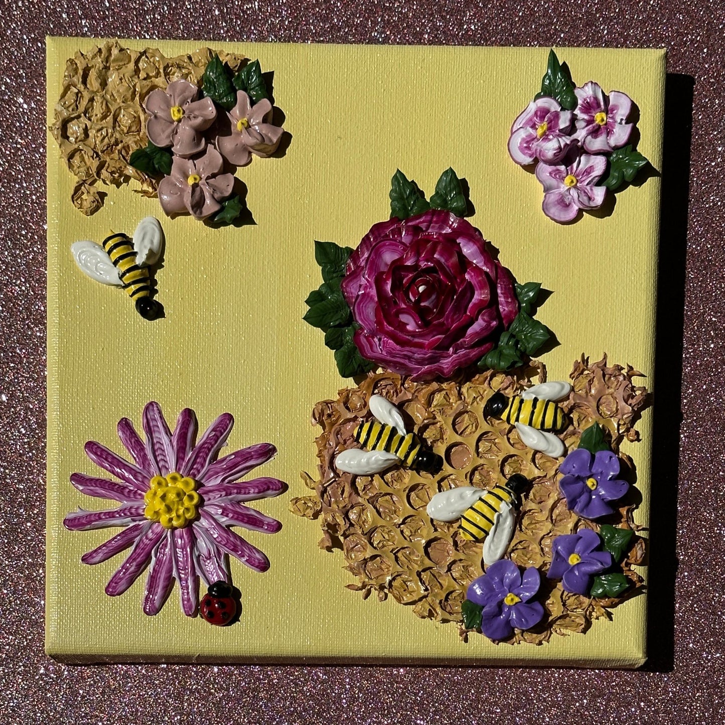 3D Bees and Purple Flowers on Yellow Canvas 8"x8"