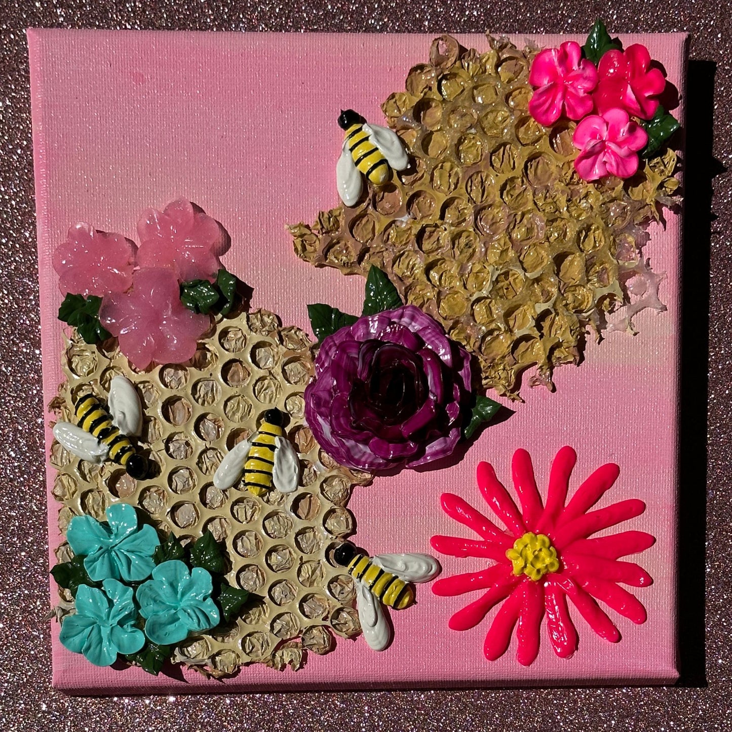 3D Bees and Multicolored Flowers on Pink Canvas 8"x8"
