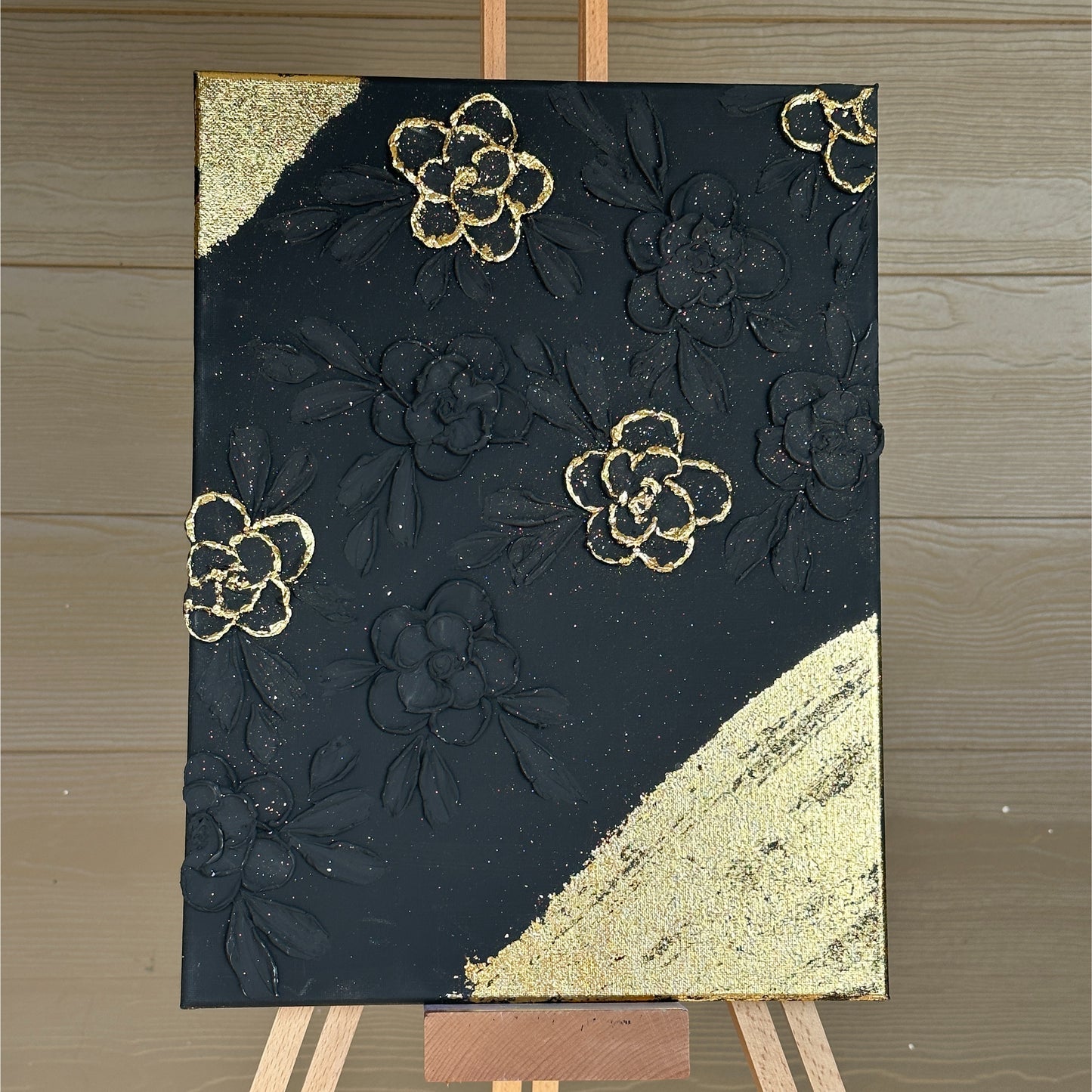3D Texture Black Roses with Gold Foil on Black 12"x16"