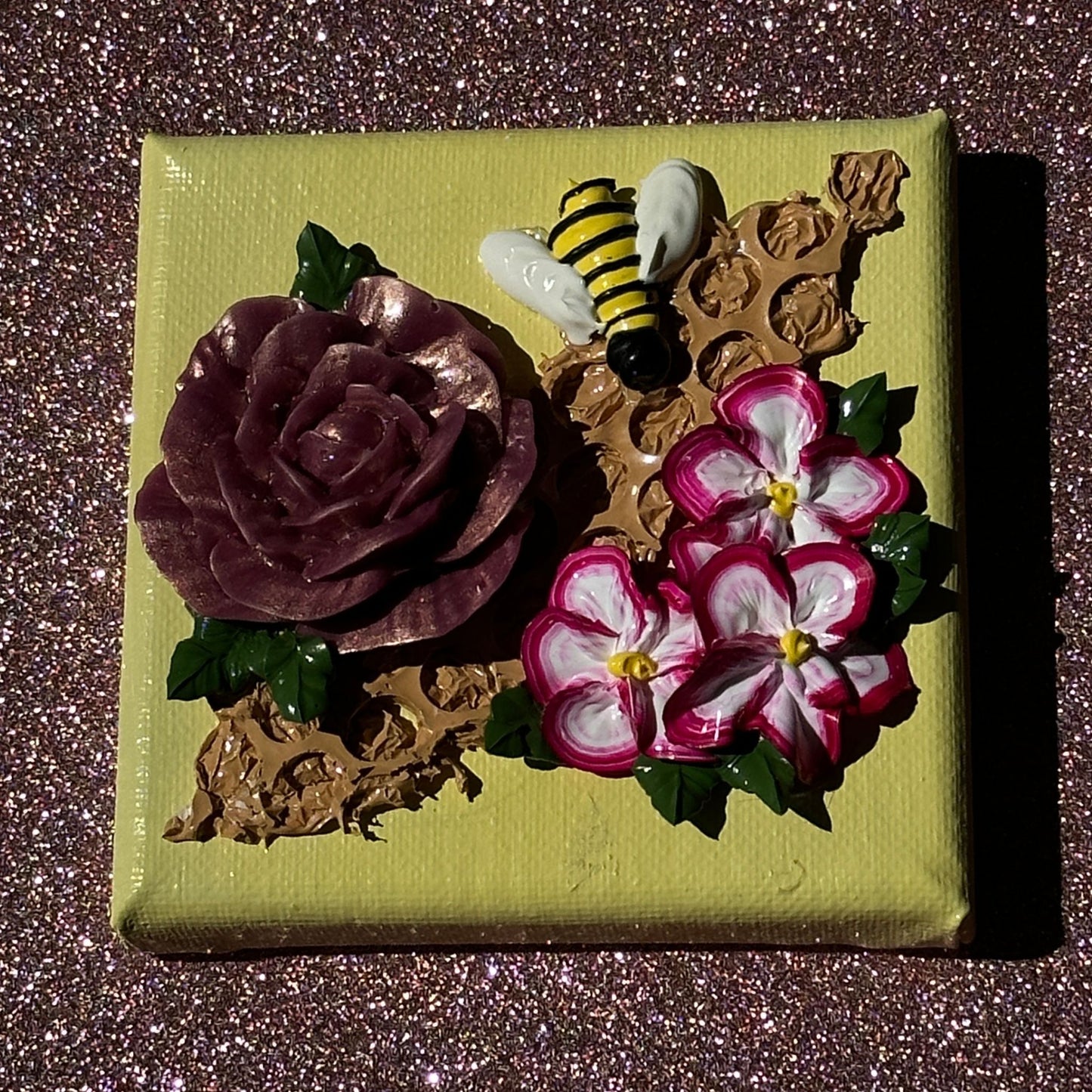 3D Bees And Flowers on Yellow Canvas 4"x4"