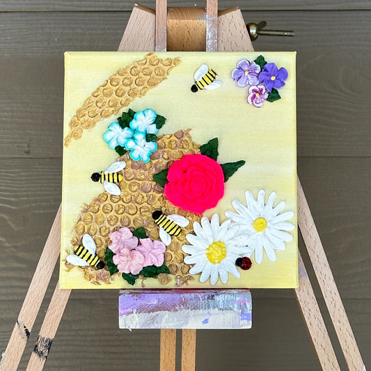 3D Bees and Multicolored Flowers on Yellow Canvas 8"x8"