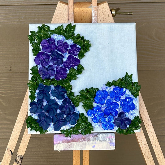 3D Blue and Purple Hydrangeas on Gray canvas 8"x8"