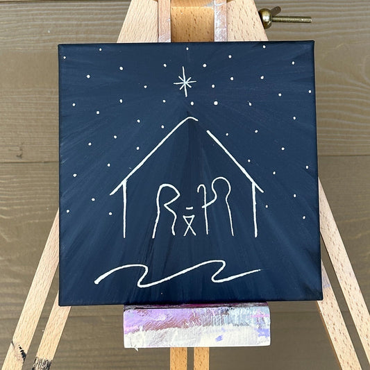Minimalist Line Drawing Simple Christmas Nativity Hand Painted Canvas 8"x8" Navy