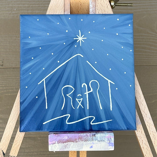 Minimalist Line Drawing Simple Christmas Nativity Hand Painted Canvas 8"x8" Blue