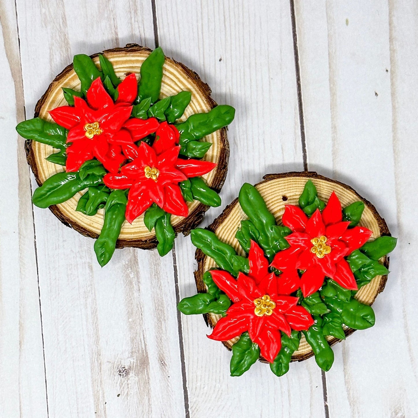 3D Poinsettia Flowers on Wood Slice Ornament Decoration - Small Duo