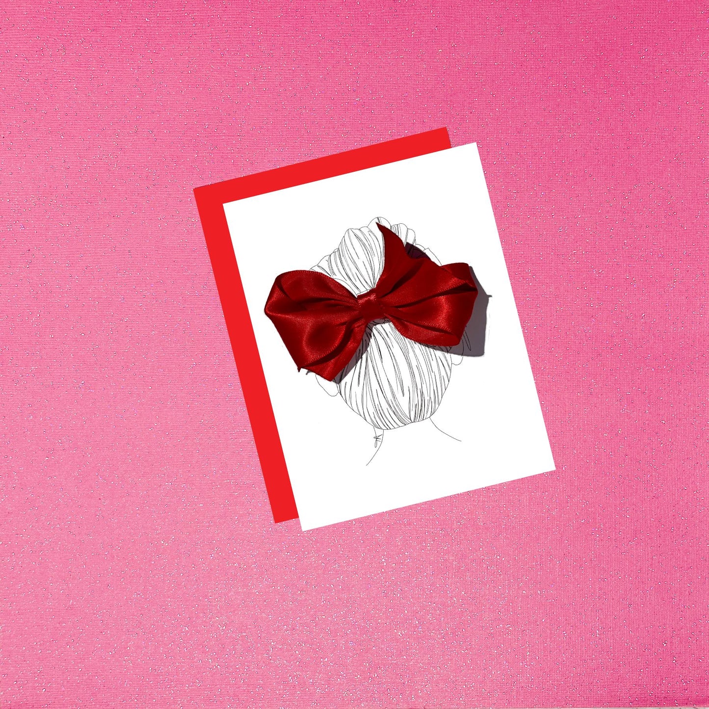 Girl With Real Hair Bow Clip Fashion Greeting Card - Valentine's Day Red Satin