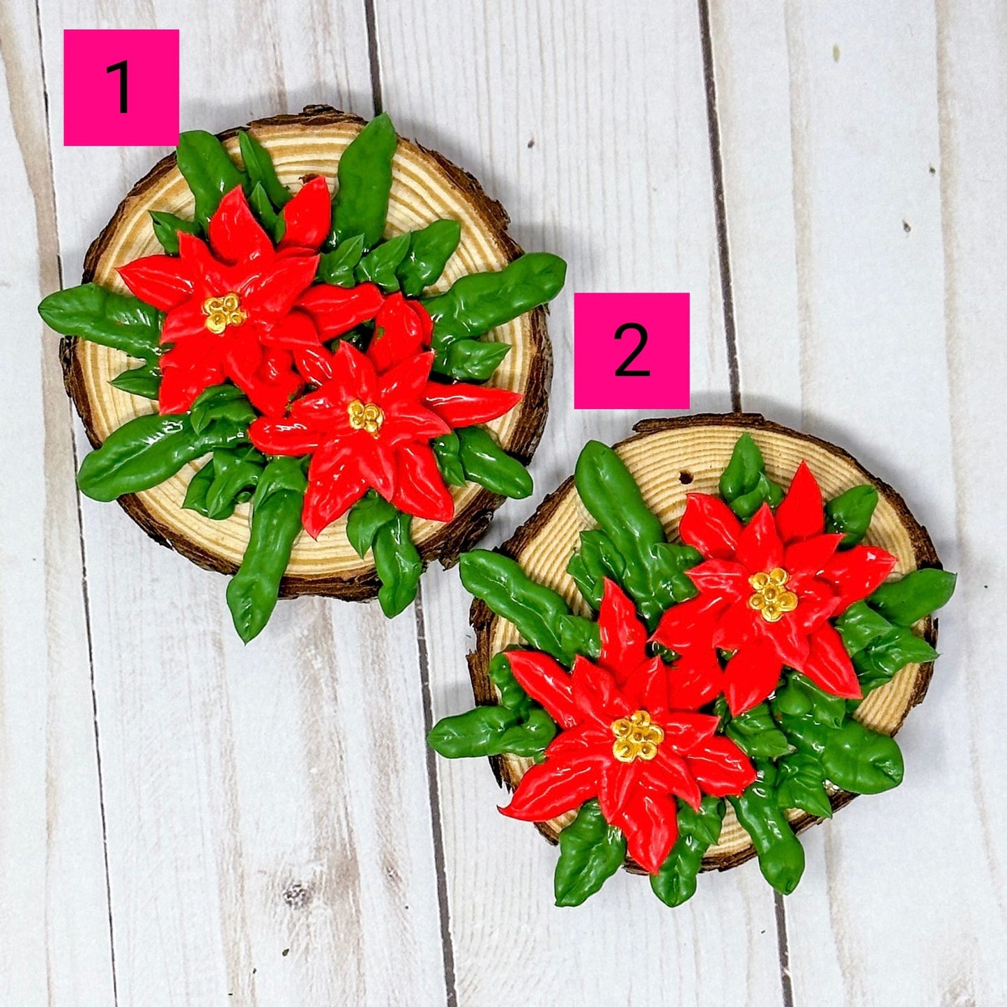 3D Poinsettia Flowers on Wood Slice Ornament Decoration - Small Duo