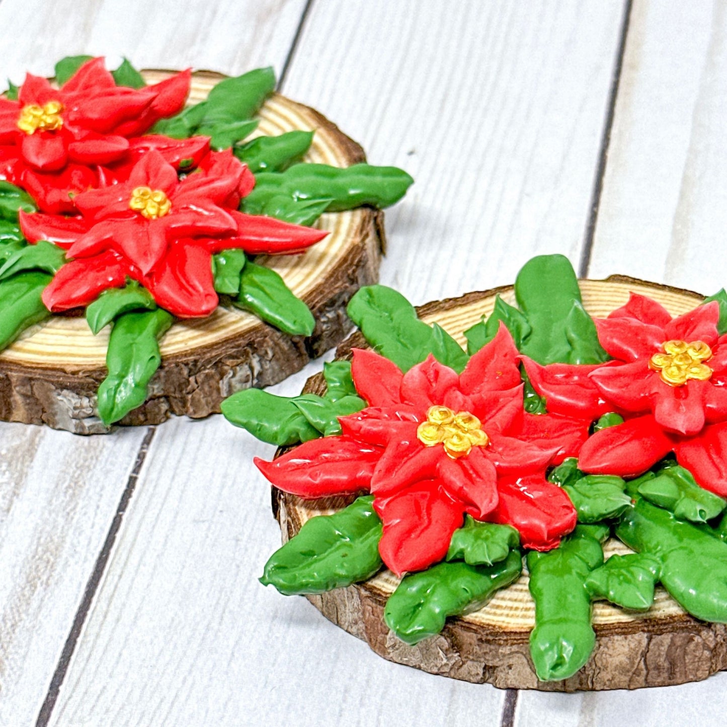 3D Poinsettia Flowers on Wood Slice Ornament Decoration - Small Duo