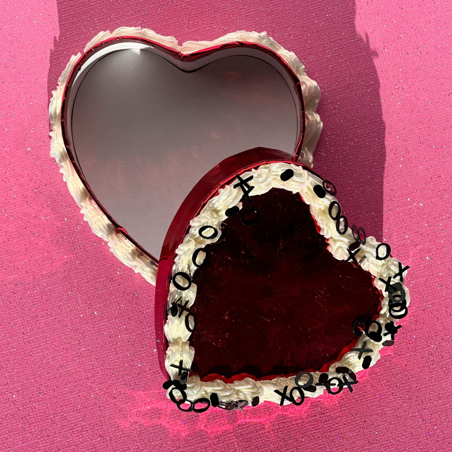 3D Painted Cake - Heart Box Red Metallic With Pearl "Frosting" and Black XO Glitter