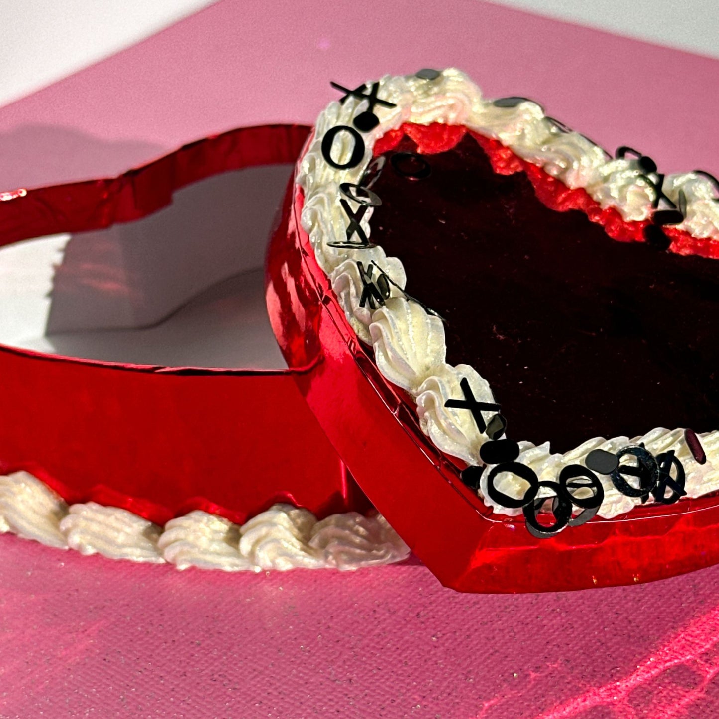 3D Painted Cake - Heart Box Red Metallic With Pearl "Frosting" and Black XO Glitter