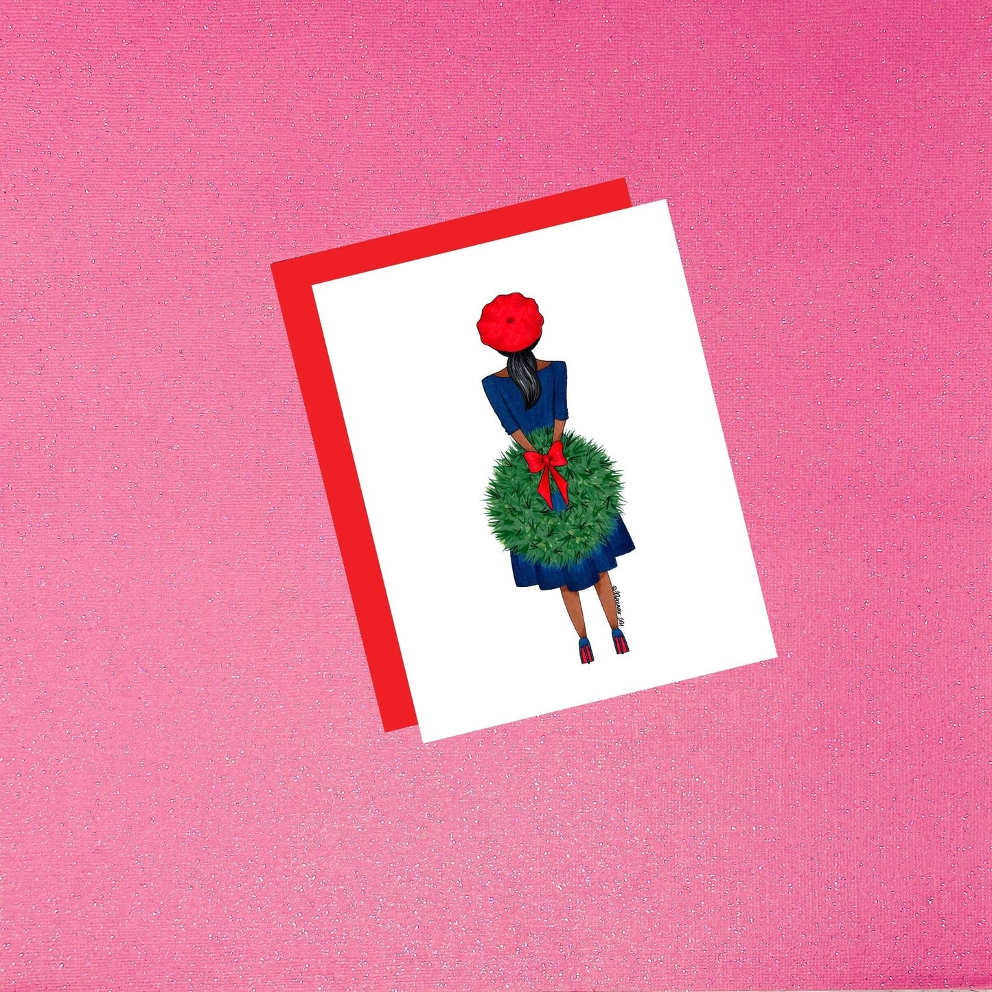 Holiday - Brilliance in Blue | Hand-Drawn Fashion Illustration Christmas Card (Black hair dark skin)
