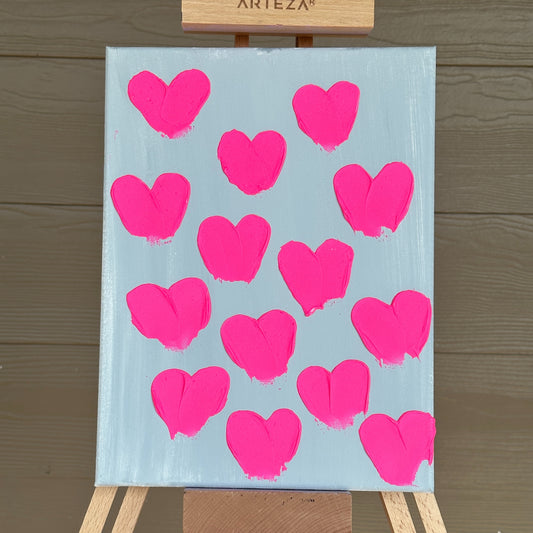 3D Texture Neon Hot Pink Hearts on Light Blue Gray 9"x12"