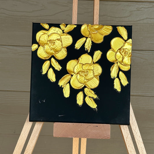 3D Texture Gold Pearl Roses on Black 8"x8"