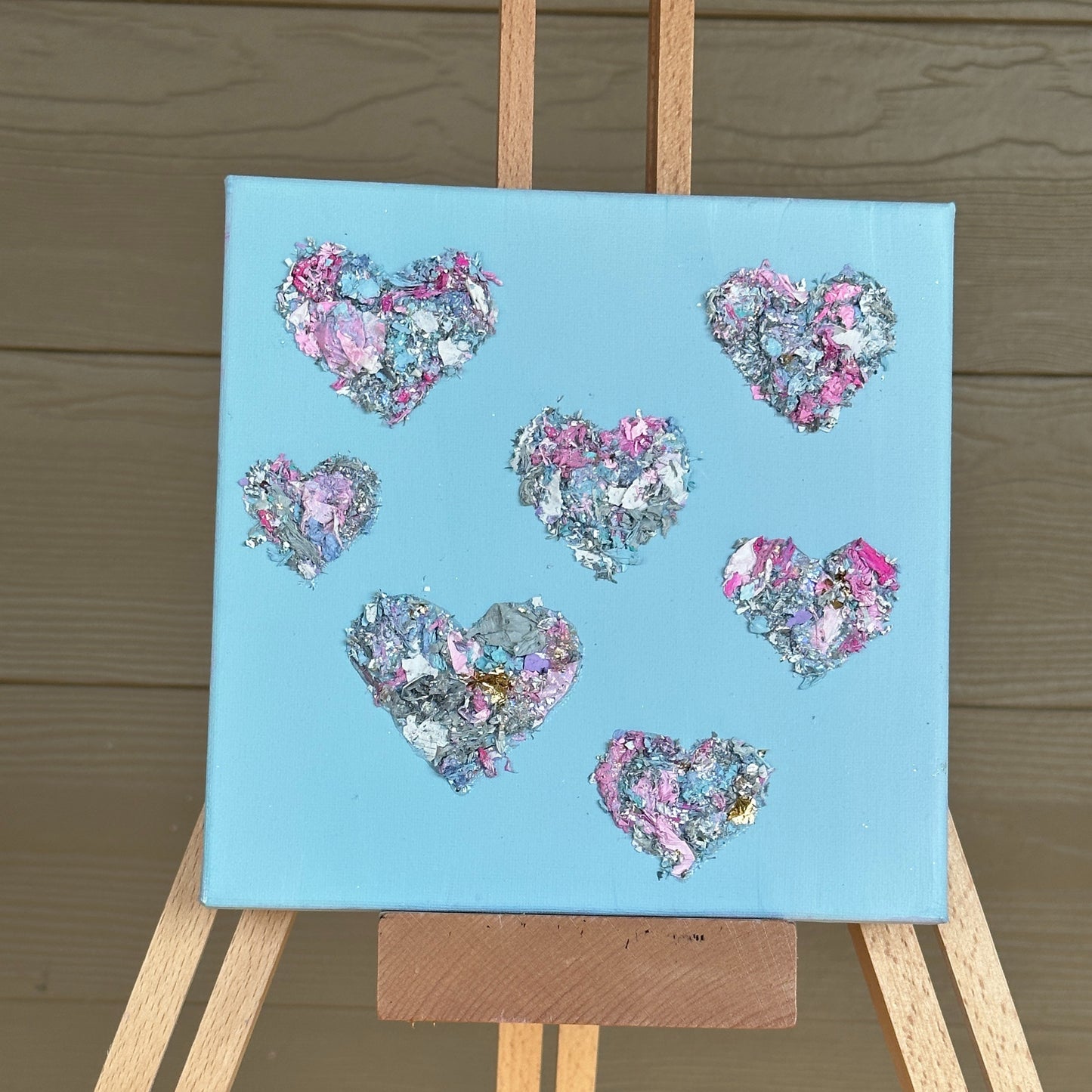 3D Texture Multicolor Hearts on Light Blue 8"x8"