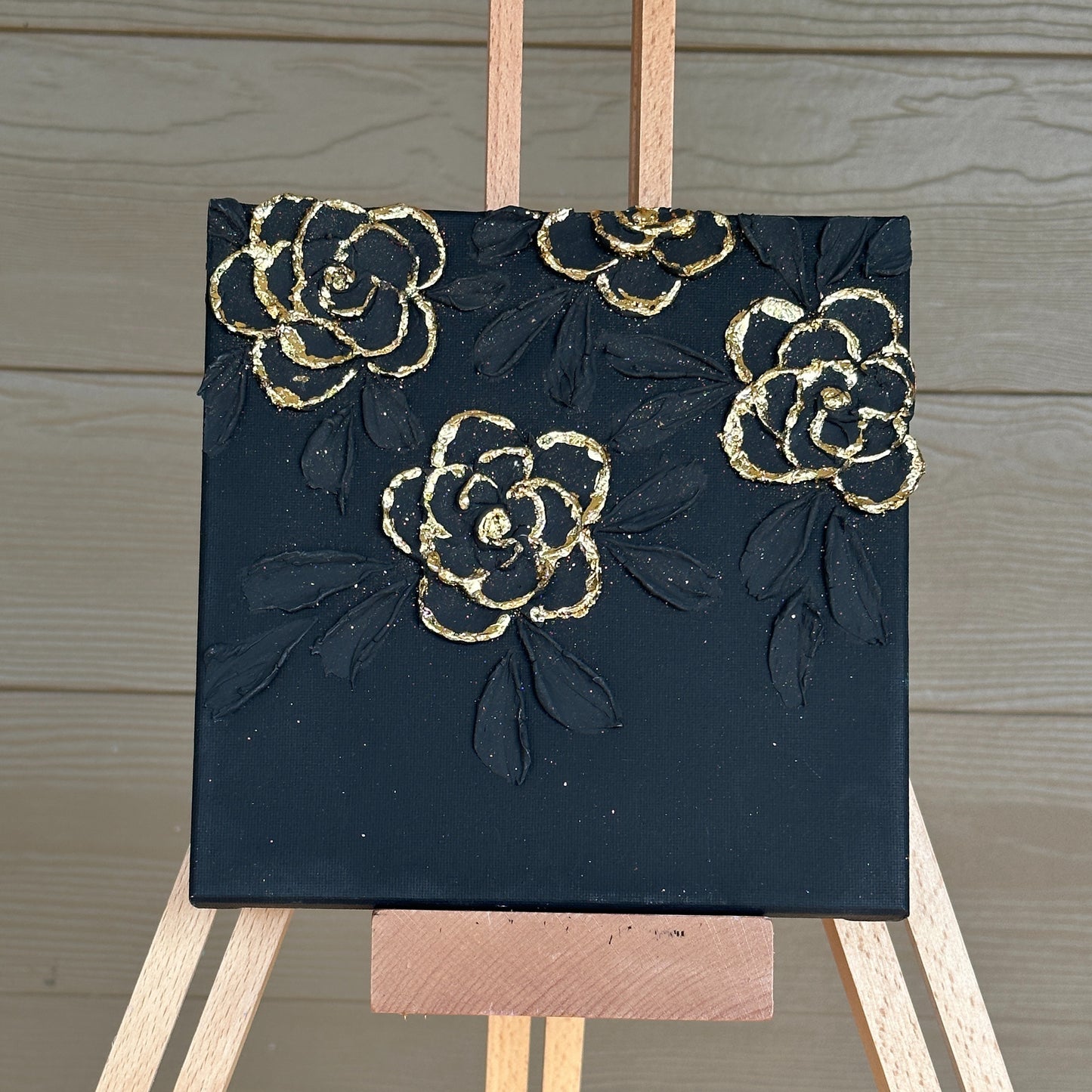 3D Texture Black Roses with Gold Foil on Black 8"x8"