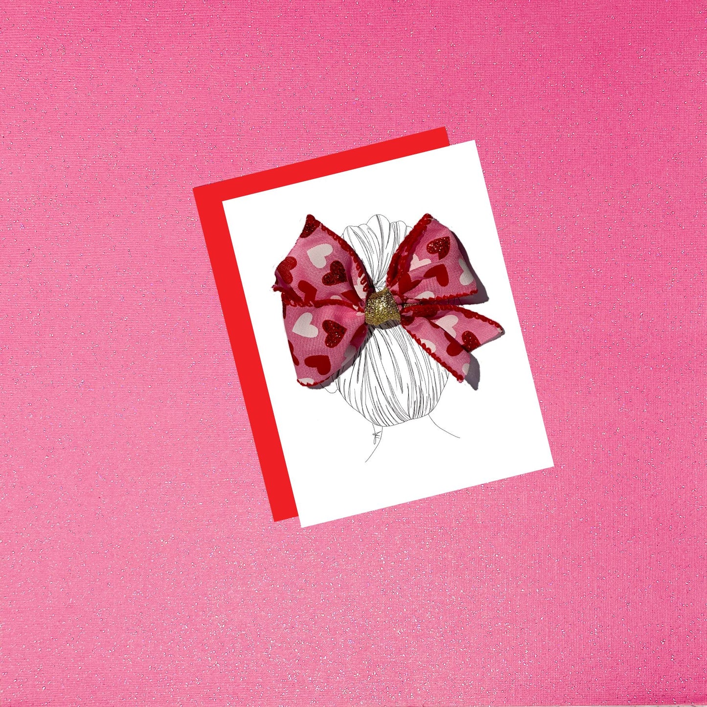 Girl With Real Hair Bow Clip Fashion Greeting Card - Valentine's Day Pink With Hearts