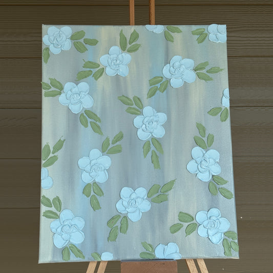 3D Texture Light Blue Roses on Blue Gray 16"x20"