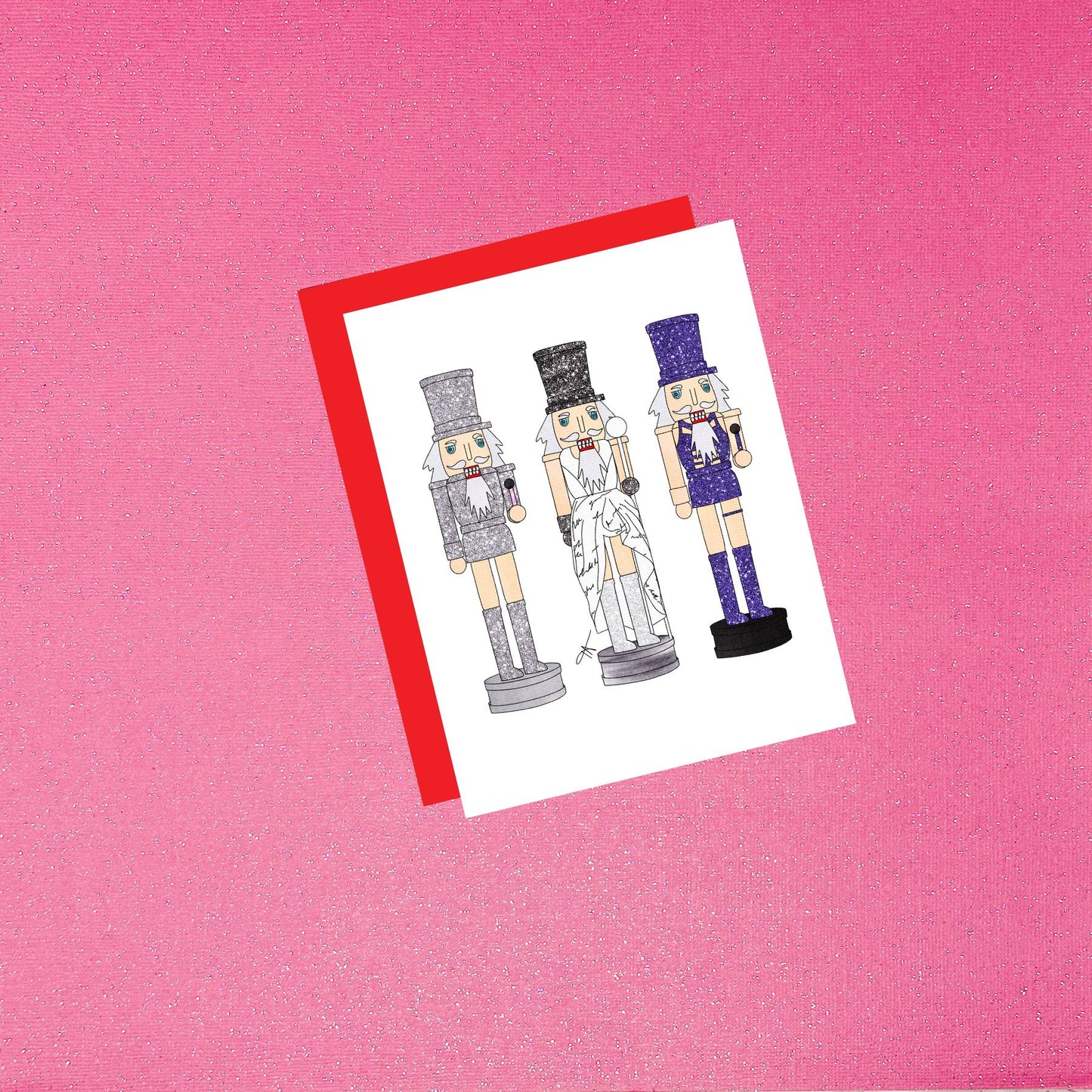 Nutcracker Trio Fashion Illustration Greeting Card | Dressed to Sparkle in Iconic Eras Holiday Costumes | Fun Blank Christmas Card