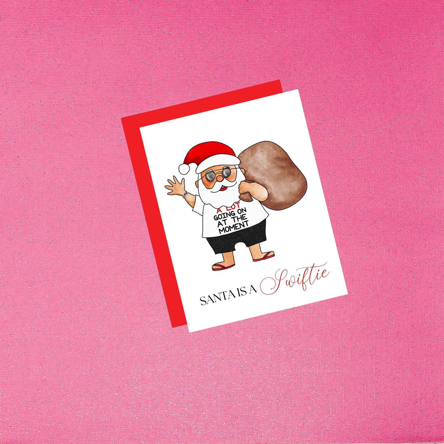 Santa is a Swiftie Illustration Card | Festive Holiday Greeting with Fun Red Era Swiftie Twist | Christmas Card Blank