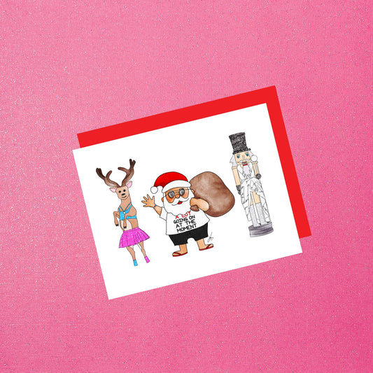 Nutcracker, Santa & Reindeer in illustrated Swifty Eras Tour Costumes | Festive Holiday Greeting Card Blank | Funny Christmas Card