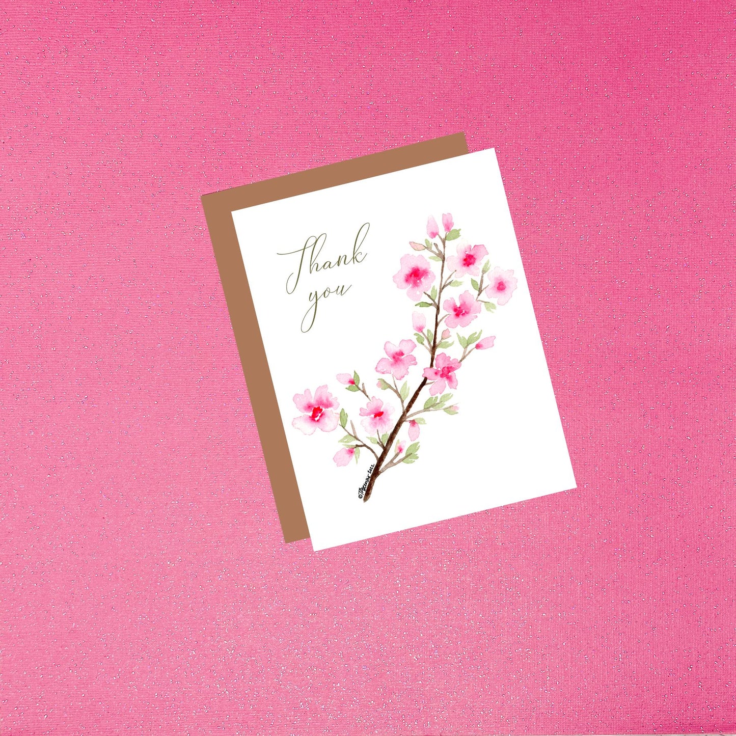 Thank You Cherry Blossom Flower Watercolor Greeting Card