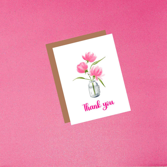 Thank You Pink Peonies Watercolor Greeting Card