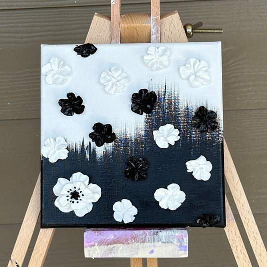 3D Black and White Flowers on Black and White background 8"x8"