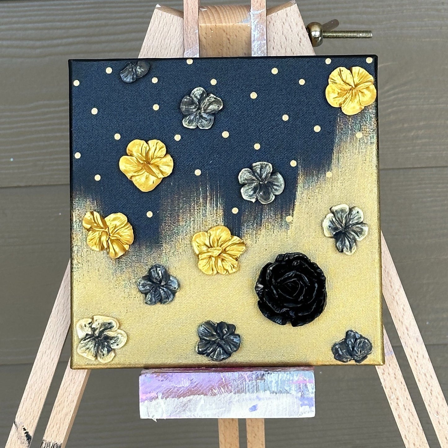 3D Gold and Black Flowers on Gold and Black background 8"x8"