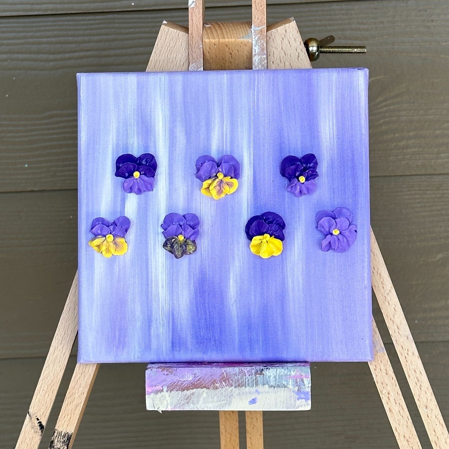 3D Purple and Yellow Pansy Flowers on Light Purple background 8"x8"