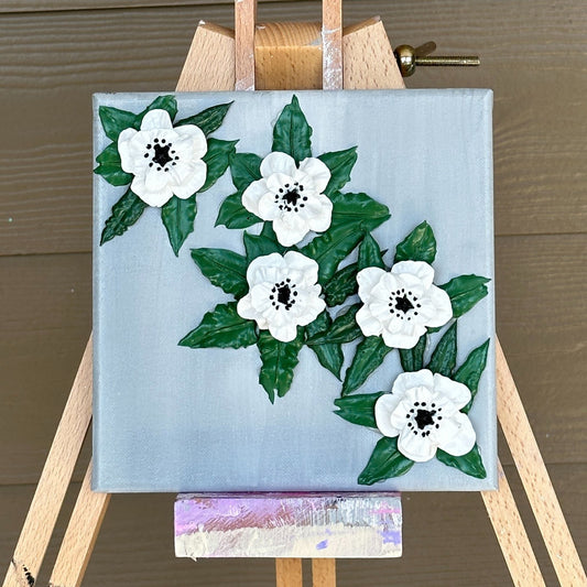 3D Black and White Anemone Flowers on Gray background 8"x8"